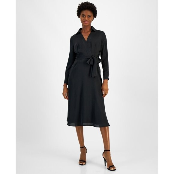 Tahari ASL Women's Collared Waist-Tie Midi Dress Black Size 16 MSRP $149 - Picture 1 of 4